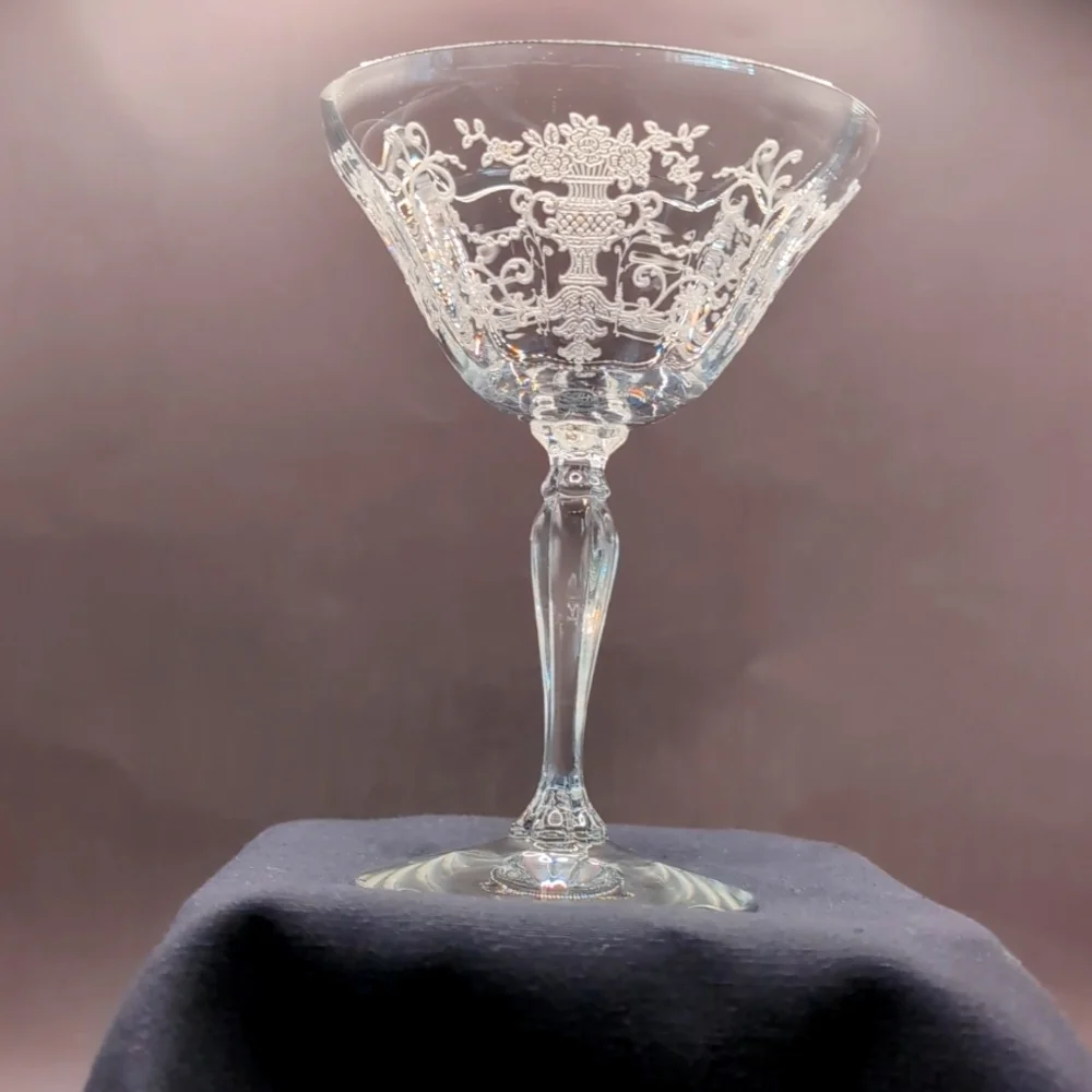 Six 6 Vintage Fostoria Florentine Etched Crystal Champagne Coupe Glasses 5.5